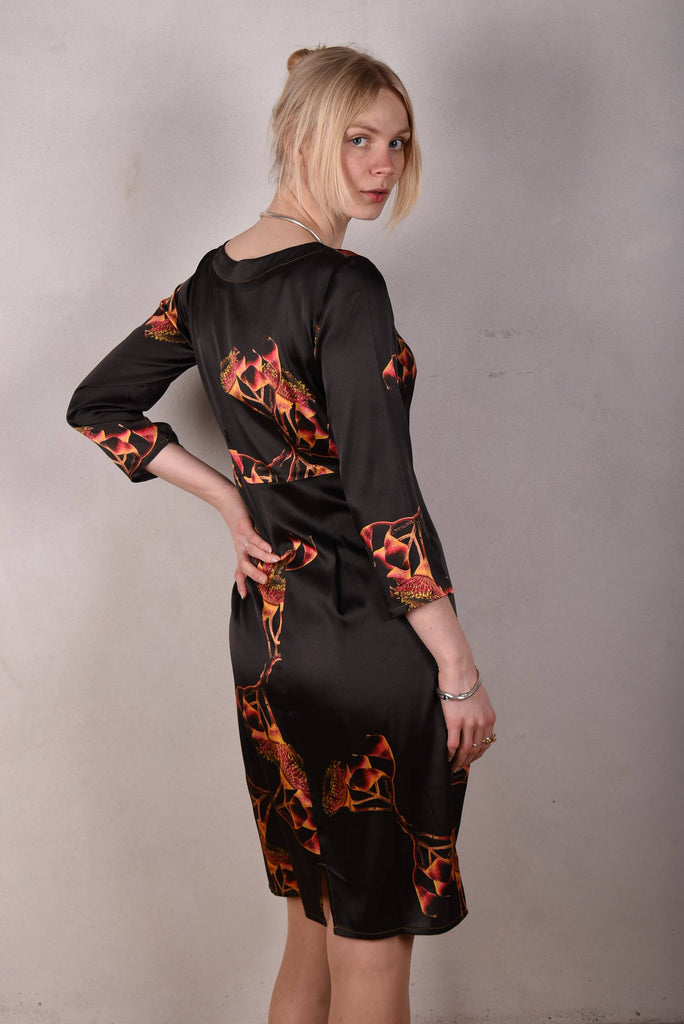 Maudacity. The classic dress in stretch silk satin (Gumnut) - Tone Barker Silk