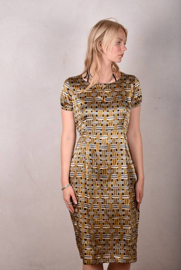 "Maude" Classic dress in stretch silk Crepe-satin. Print "Tasket" - Tone Barker Silk