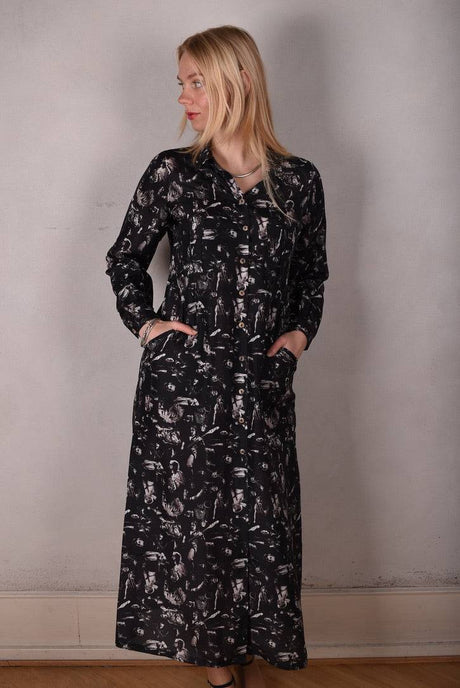 Maxhabo. Long shirt-dress in 100% habotai silk. Print "Punk" from the Raadal Collection - Tone Barker Silk