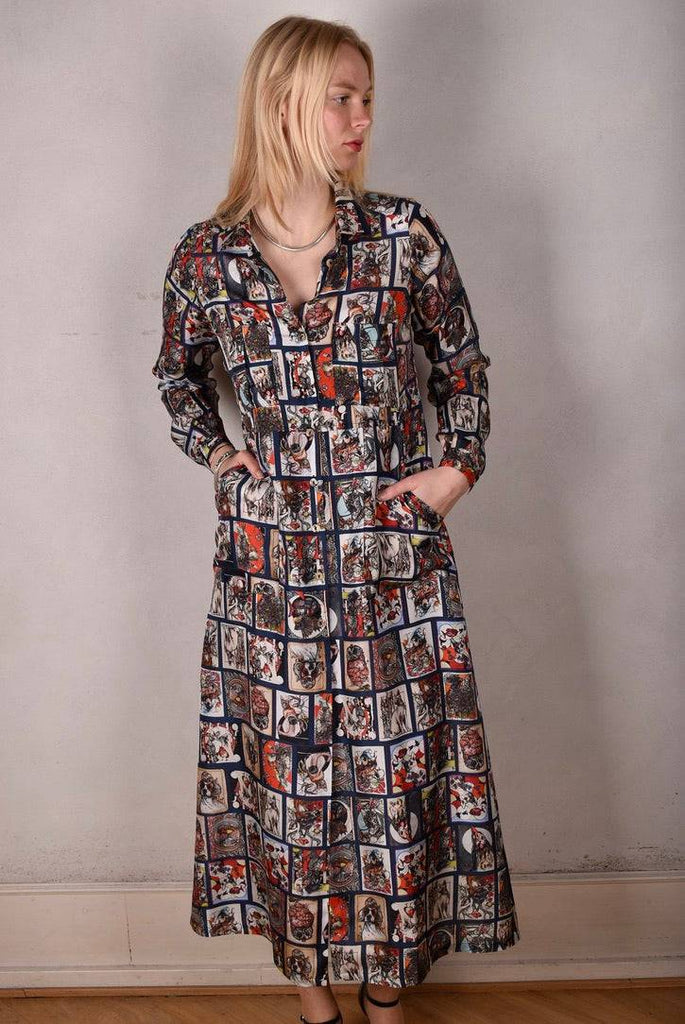 Maxhabo. Long shirt-dress in 100% habotai silk. Print "Susminor" by artist Suse Hartung - Tone Barker Silk