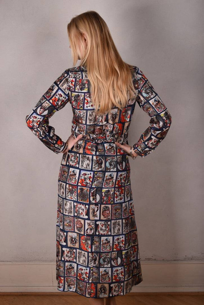 Maxhabo. Long shirt-dress in 100% habotai silk. Print "Susminor" by artist Suse Hartung - Tone Barker Silk