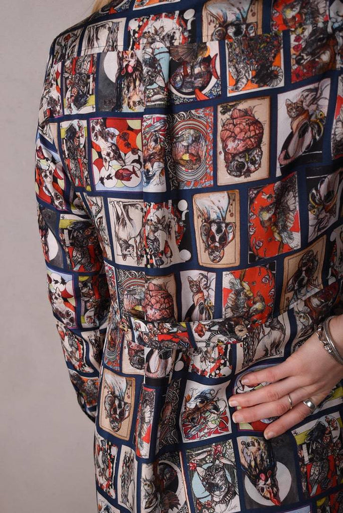 Maxhabo. Long shirt-dress in 100% habotai silk. Print "Susminor" by artist Suse Hartung - Tone Barker Silk