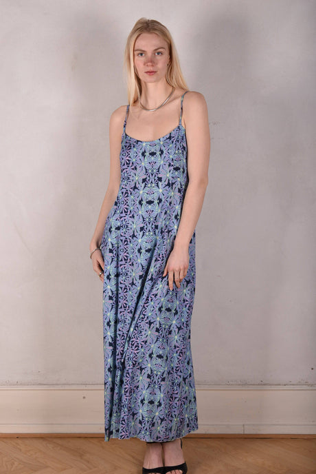 My-Long, Stretch silk maxi length strap-dress. "Aquafleur" - Tone Barker Silk