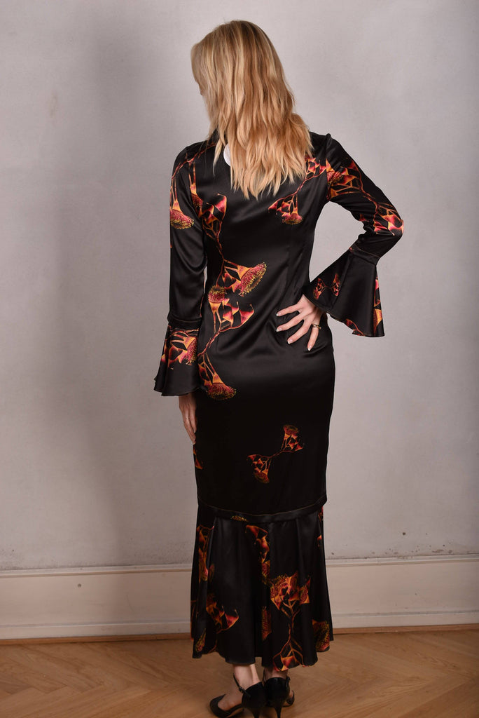 Naudress. Silk stretch satin dress long/short option. Print "Gumnut" - Tone Barker Silk