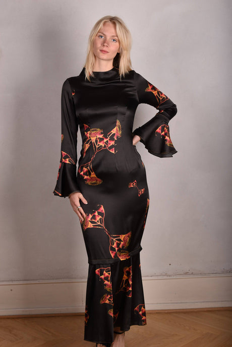 Naudress. Silk stretch satin dress long/short option. Print "Gumnut" - Tone Barker Silk