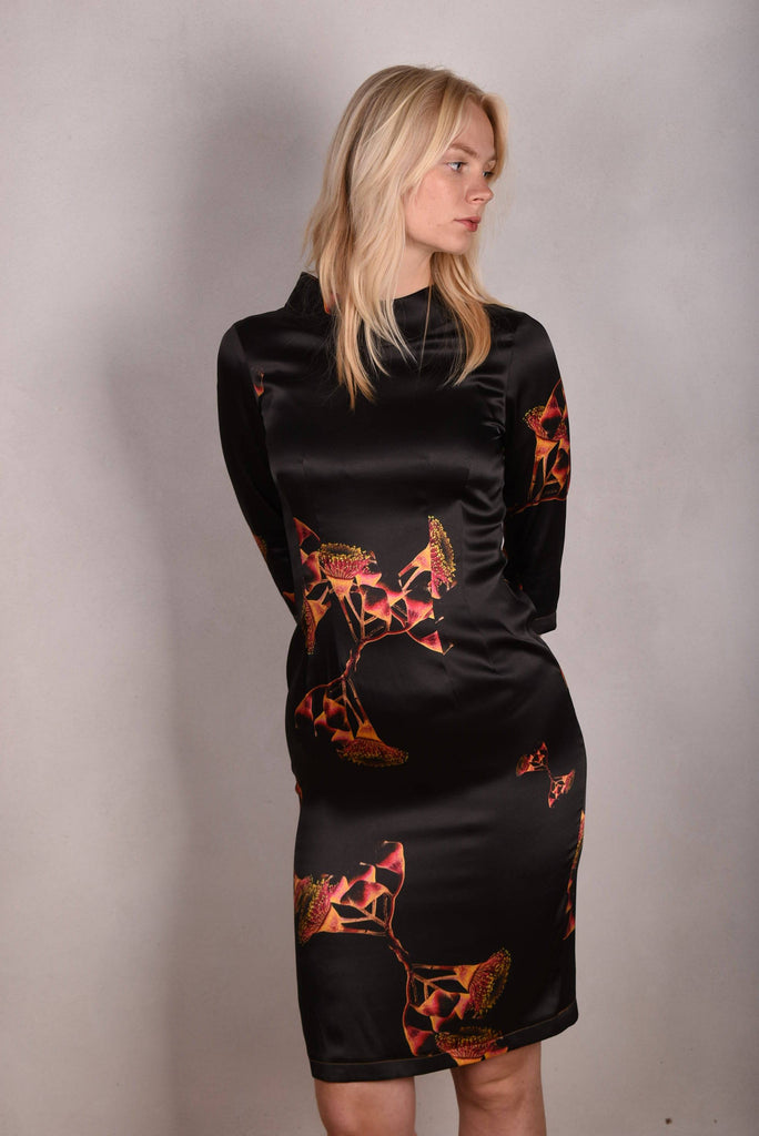 Naudress. Silk stretch satin dress long/short option. Print "Gumnut" - Tone Barker Silk
