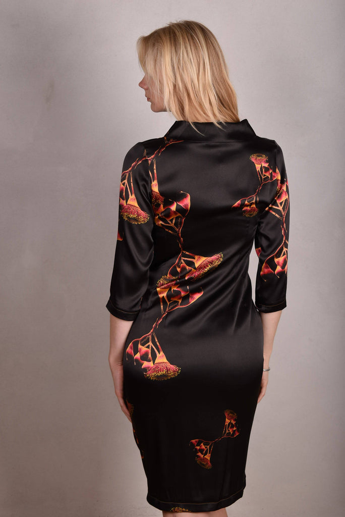 Naudress. Silk stretch satin dress long/short option. Print "Gumnut" - Tone Barker Silk
