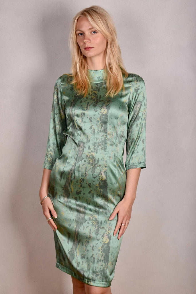 Naudress. Silk stretch satin dress long/short option. Print "Sea-Mar" - Tone Barker Silk