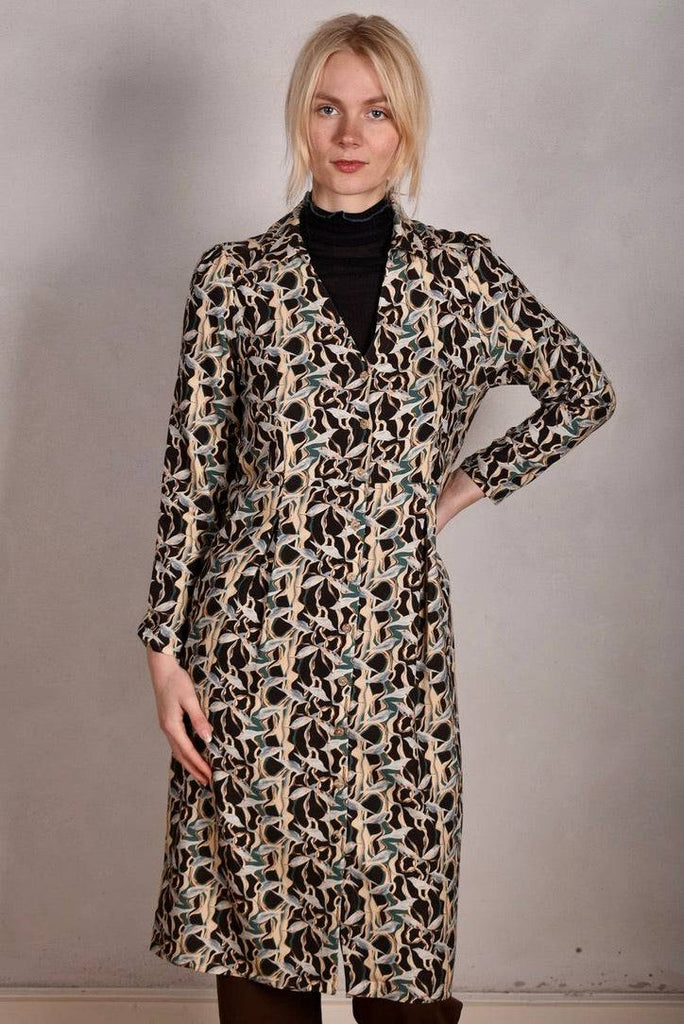 Nennie. Shirt dress in Noil silk/rayon mix. Print "Bird/Branch" - Tone Barker Silk