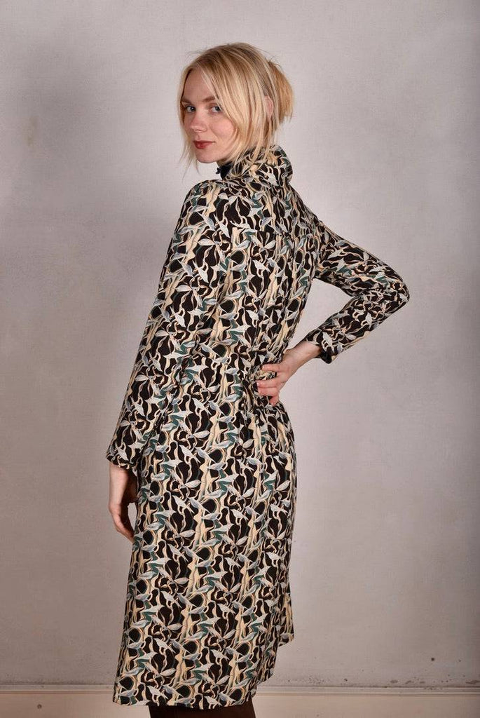 Nennie. Shirt dress in Noil silk/rayon mix. Print "Bird/Branch" - Tone Barker Silk
