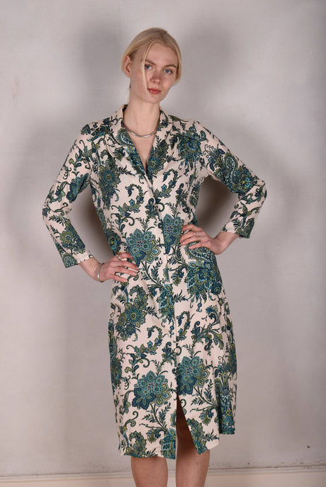 Nifty. Shirt-dress, midi length, with pockets. Stretch crepe-satin silk. "Seasley" - Tone Barker Silk