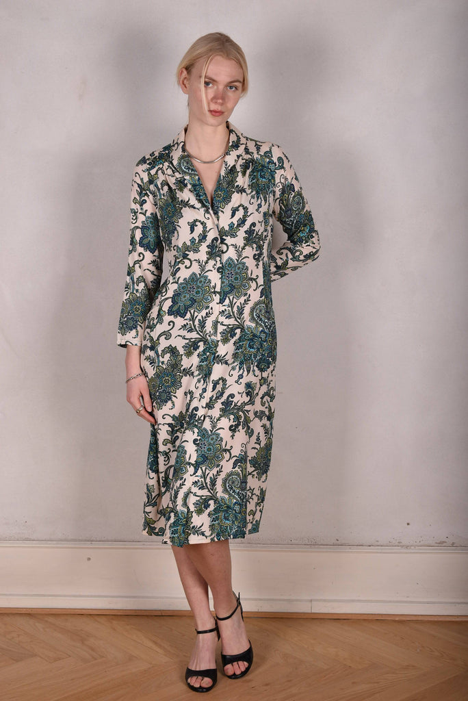 Nifty. Shirt-dress, midi length, with pockets. Stretch crepe-satin silk. "Seasley" - Tone Barker Silk