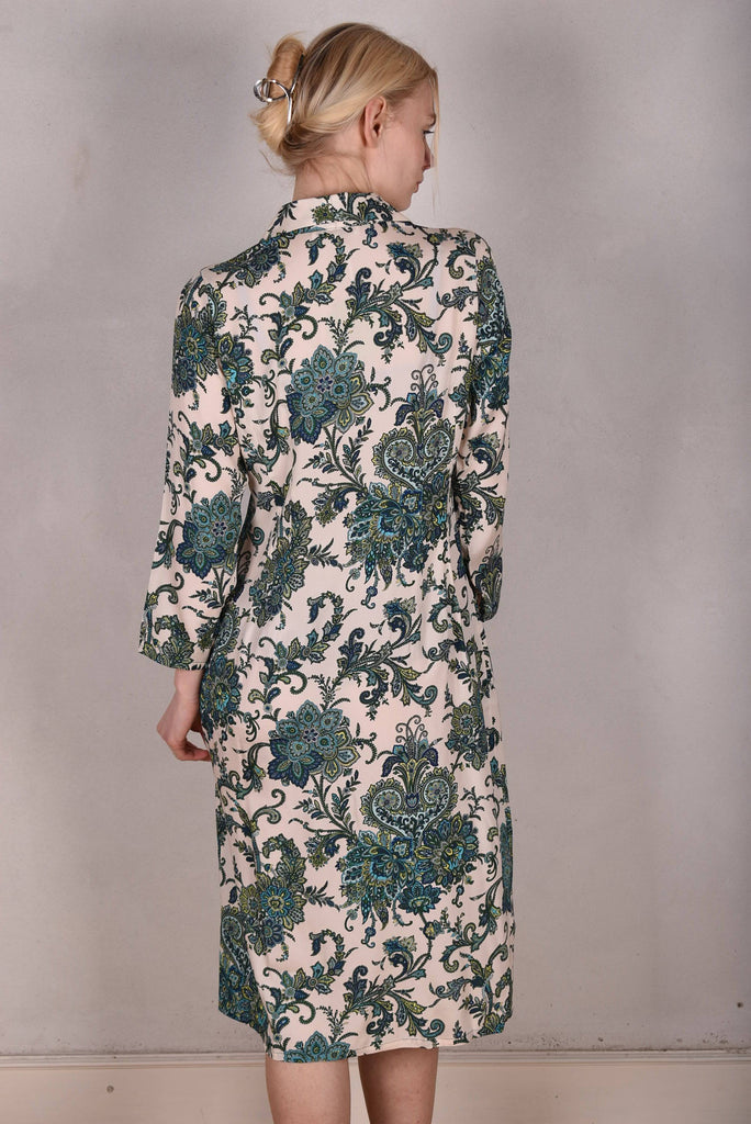 Nifty. Shirt-dress, midi length, with pockets. Stretch crepe-satin silk. "Seasley" - Tone Barker Silk