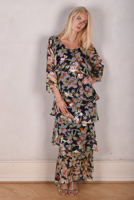 Nyn-Frida. The "magic" dress in layers, with 3/4 sleeves "Ink-bloom" - Tone Barker Silk