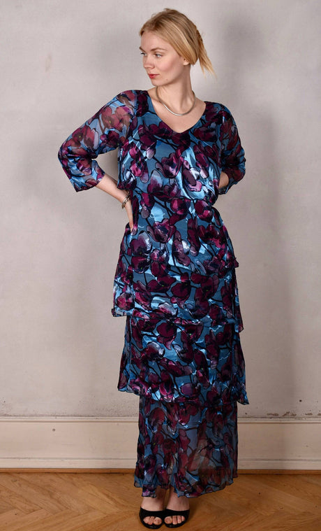 Nyn-Frida, The "magic" dress in layers, with 4/5 sleeves "Shady Poppies" - Tone Barker Silk