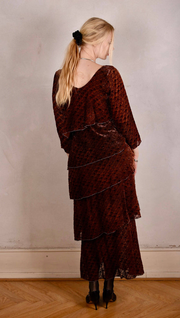 Nyn-Frida, The "magic" dress in layers, with 4/5 sleeves "Star Velvet Chestnut" - Tone Barker Silk