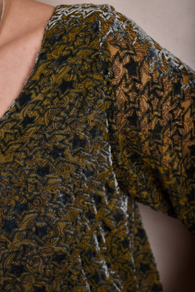 Nynne "the magic dress" in silk velvet devoré on stretch silk satin. "Star-velvet Green" - Tone Barker Silk