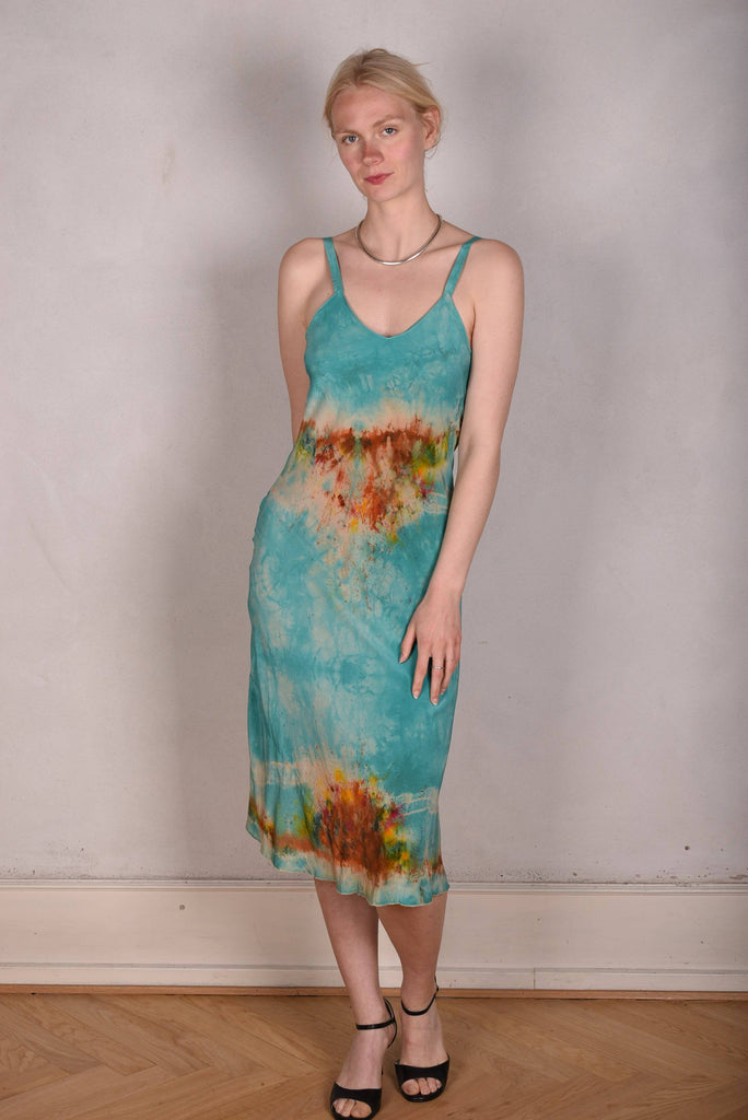 Pallas tie-dye "Turq-delite" Midi length "slip" dress in 100% silk Crepe-de-Chine - Tone Barker Silk
