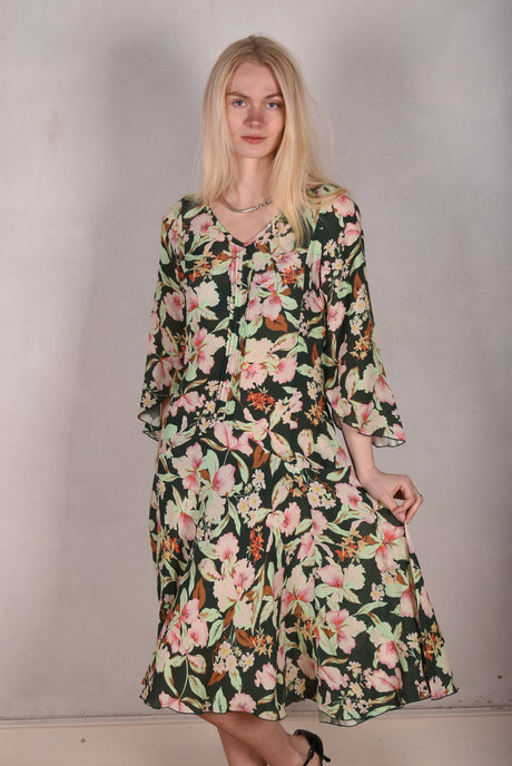Phoebe. Dress in silk/viscose Crepe-de-Chine, bohemian style. "Bee bloom" - Tone Barker Silk