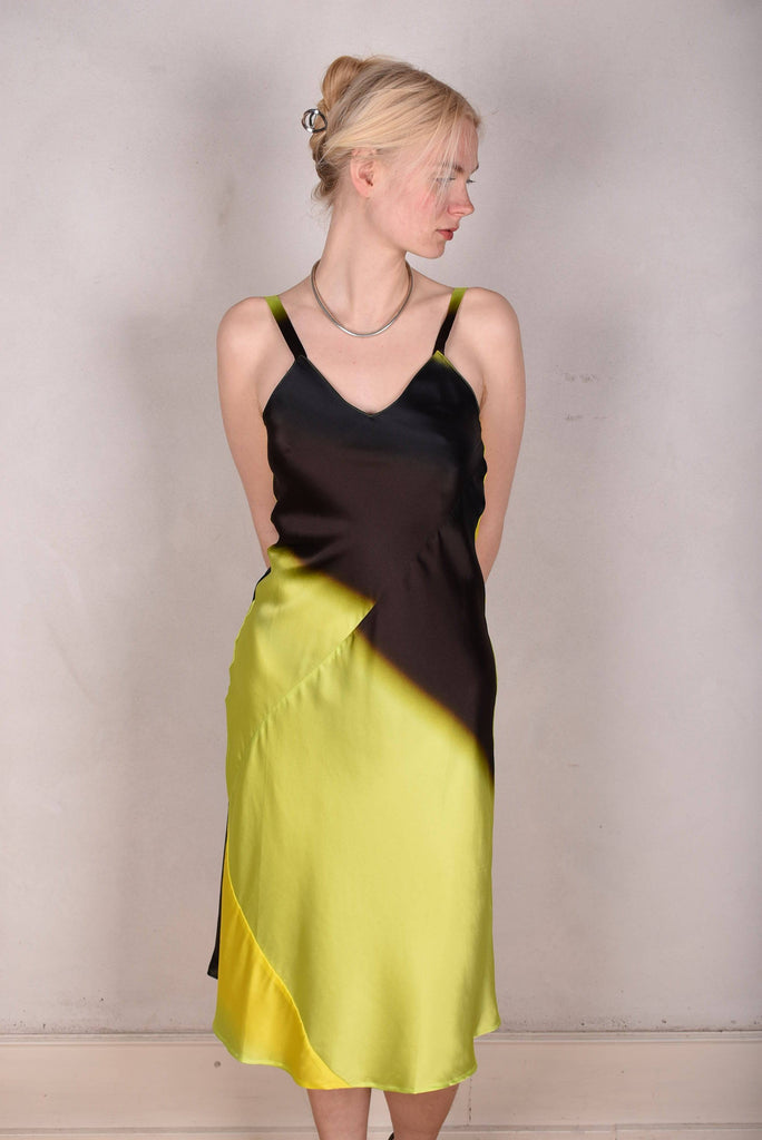 M.BARKER Pallas Midi length , bias cut "slip" dress in  Stretch silk 95% silk/5% elastan "Mean Greens" - Tone Barker Silk