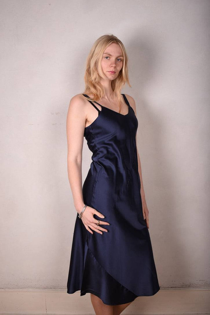Pallas Midi length , bias cut "slip" dress in  Stretch silk 95% silk/5% elastan, Midnight Blue - Tone Barker Silk