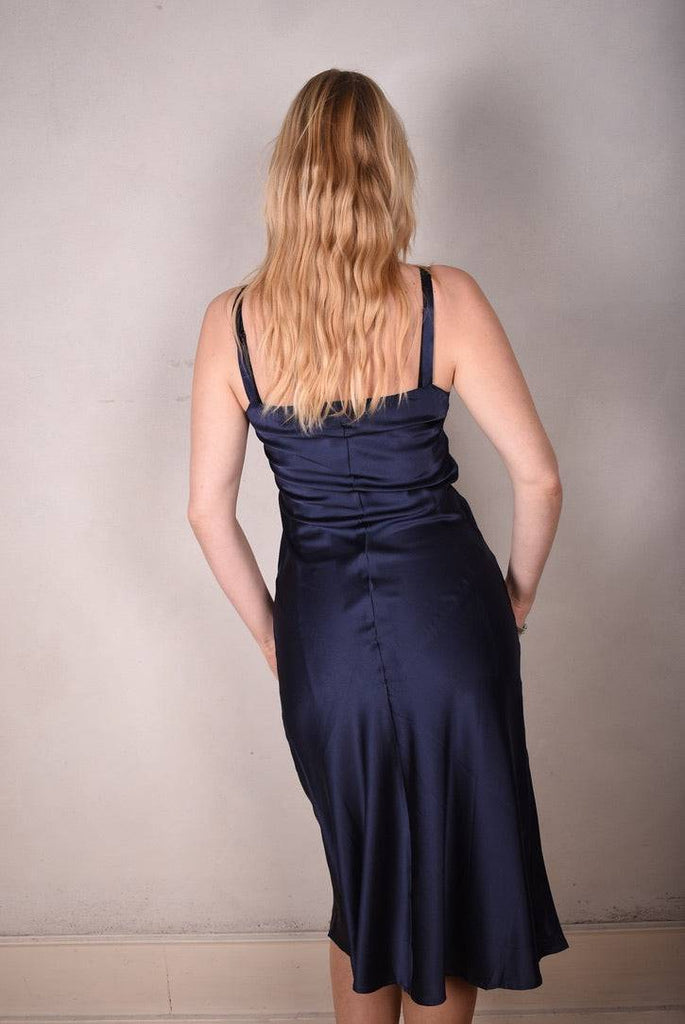 Pallas Midi length , bias cut "slip" dress in  Stretch silk 95% silk/5% elastan, Midnight Blue - Tone Barker Silk