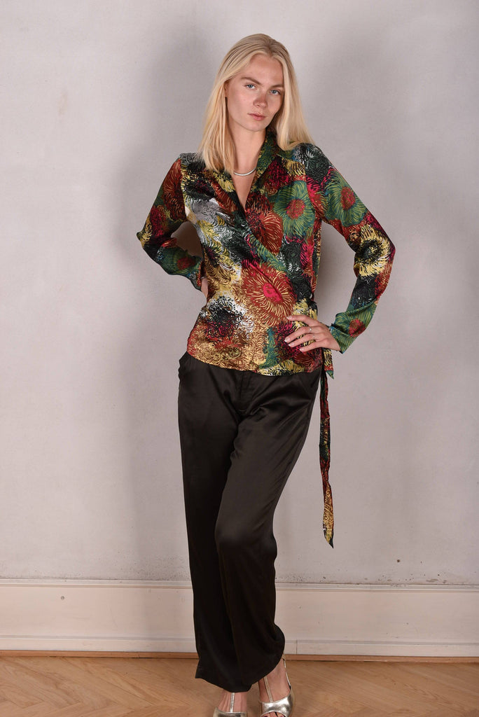 Wrafty. Long sleeved wrap top in stretch silk satin "Swirl" - Tone Barker Silk
