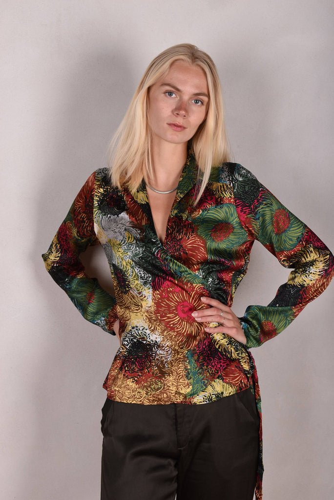 Wrafty. Long sleeved wrap top in stretch silk satin "Swirl" - Tone Barker Silk