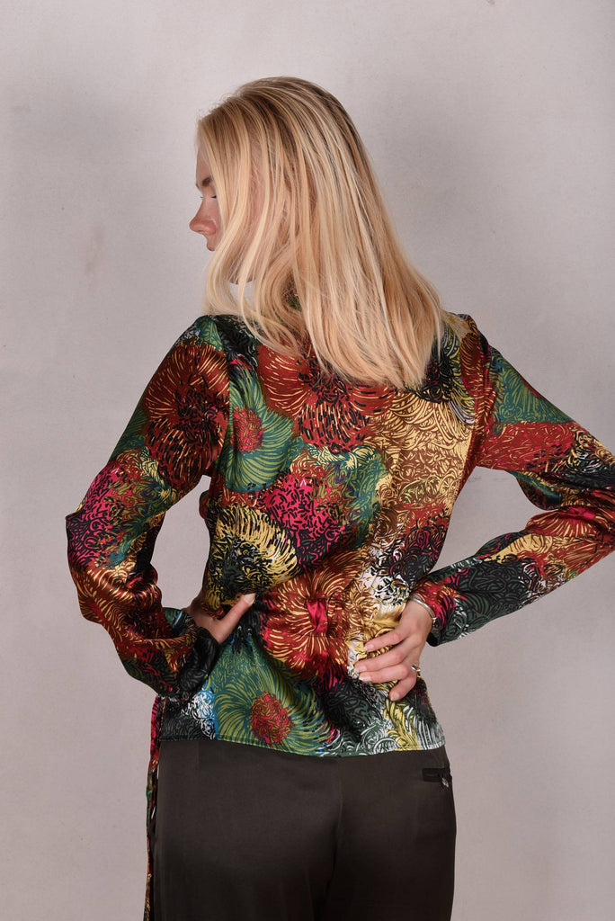 Wrafty. Long sleeved wrap top in stretch silk satin "Swirl" - Tone Barker Silk