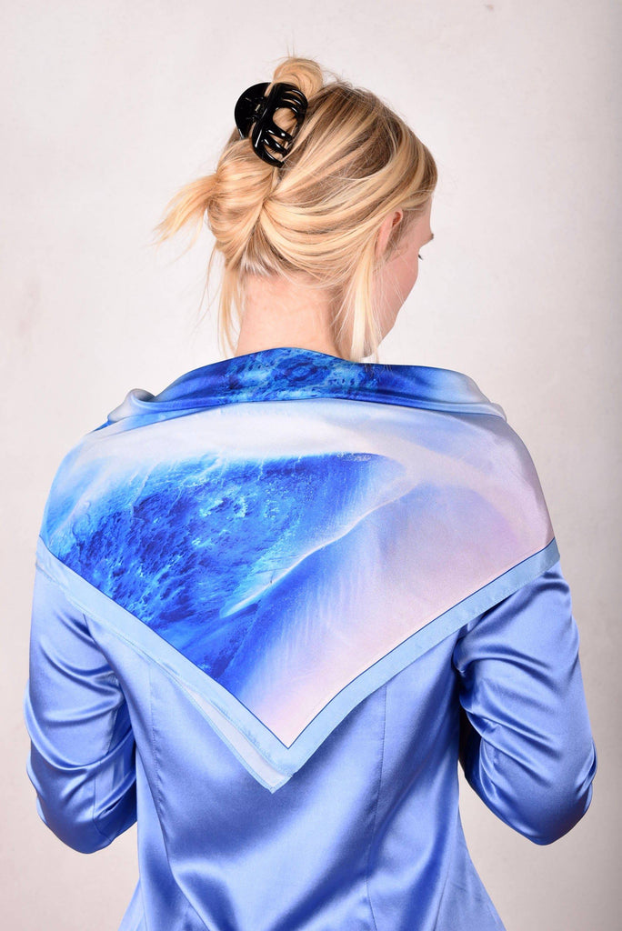 Artist Scarf in 100% Silk Crepe-de-Chine 70X70 cm. "Terra Mare, blue" by Malene Nors Tardrup - Tone Barker Silk