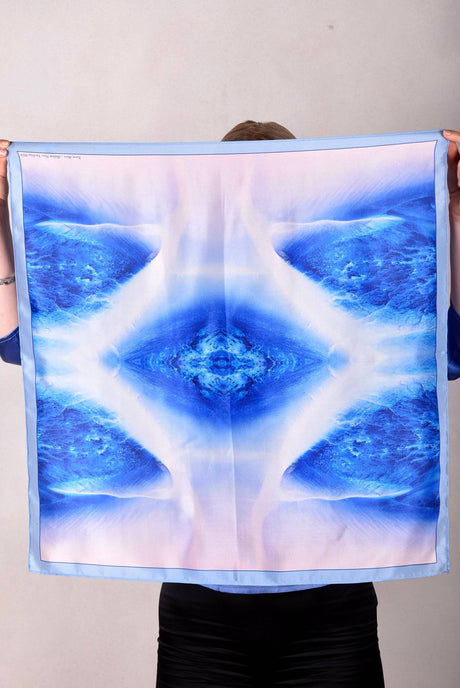 Artist Scarf in 100% Silk Crepe-de-Chine 70X70 cm. "Terra Mare, blue" by Malene Nors Tardrup - Tone Barker Silk