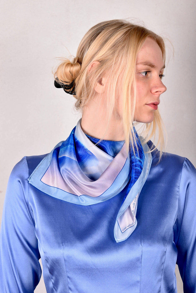 Artist Scarf in 100% Silk Crepe-de-Chine 70X70 cm. "Terra Mare, blue" by Malene Nors Tardrup - Tone Barker Silk