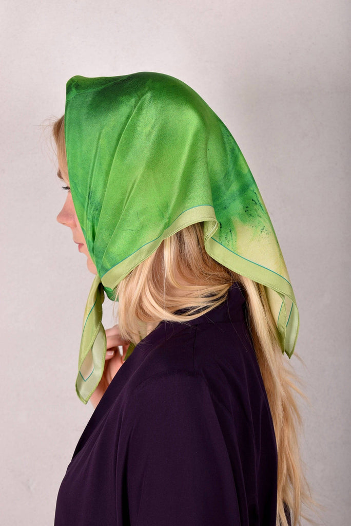 Artist Scarf in 100% Silk Crepe-de-Chine 70X70 cm. "Terra Mare, green" by Malene Nors Tardrup - Tone Barker Silk