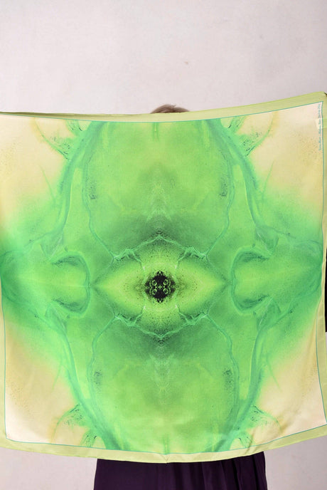 Artist Scarf in 100% Silk Crepe-de-Chine 70X70 cm. "Terra Mare, green" by Malene Nors Tardrup - Tone Barker Silk