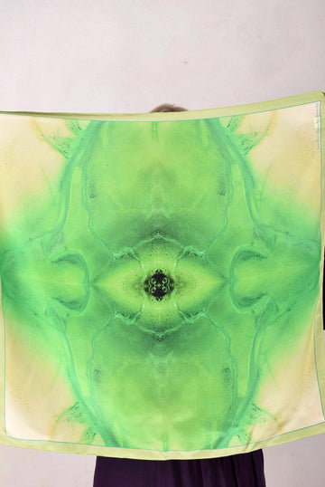 Artist Scarf in 100% Silk Crepe-de-Chine 70X70 cm. "Terra Mare, green" by Malene Nors Tardrup - Tone Barker Silk