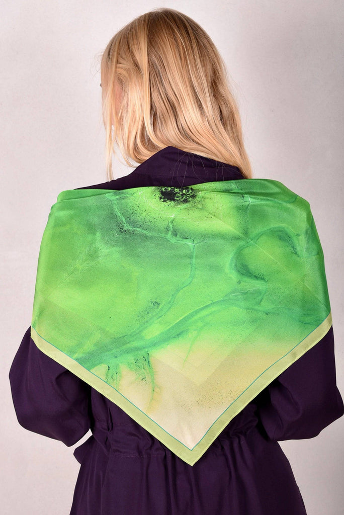 Artist Scarf in 100% Silk Crepe-de-Chine 70X70 cm. "Terra Mare, green" by Malene Nors Tardrup - Tone Barker Silk