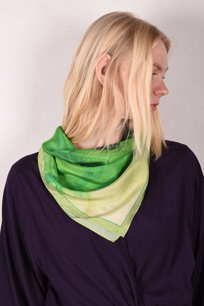 Artist Scarf in 100% Silk Crepe-de-Chine 70X70 cm. "Terra Mare, green" by Malene Nors Tardrup - Tone Barker Silk