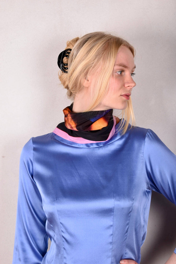 Artist Scarf in 100% Silk Crepe-de-Chine 70X70 cm. "Terra Mare, purple" by Malene Nors Tardrup - Tone Barker Silk