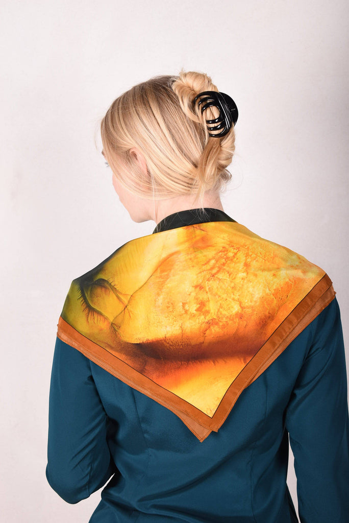 Artist Scarf in 100% Silk Crepe-de-Chine 70X70 cm. "Terra Mare, yellow" by Malene Nors Tardrup - Tone Barker Silk