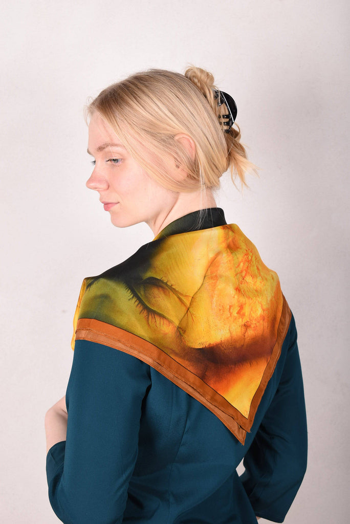 Artist Scarf in 100% Silk Crepe-de-Chine 70X70 cm. "Terra Mare, yellow" by Malene Nors Tardrup - Tone Barker Silk