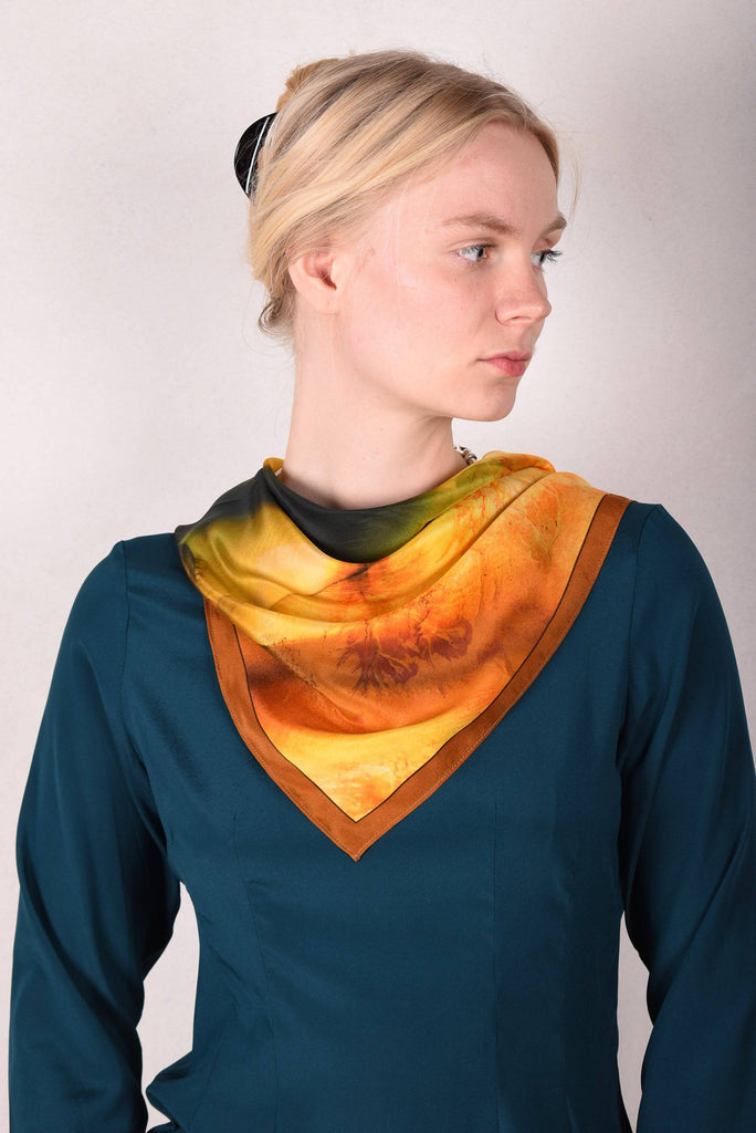 Artist Scarf in 100% Silk Crepe-de-Chine 70X70 cm. "Terra Mare, yellow" by Malene Nors Tardrup - Tone Barker Silk