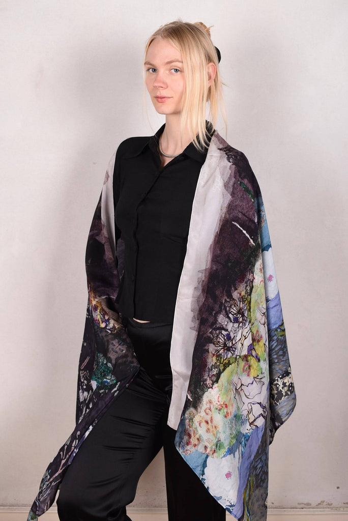 Artist Scarf. Silk Crepe-de-Chine 70X200 cm. "Lake-in-winter" - Tone Barker Silk
