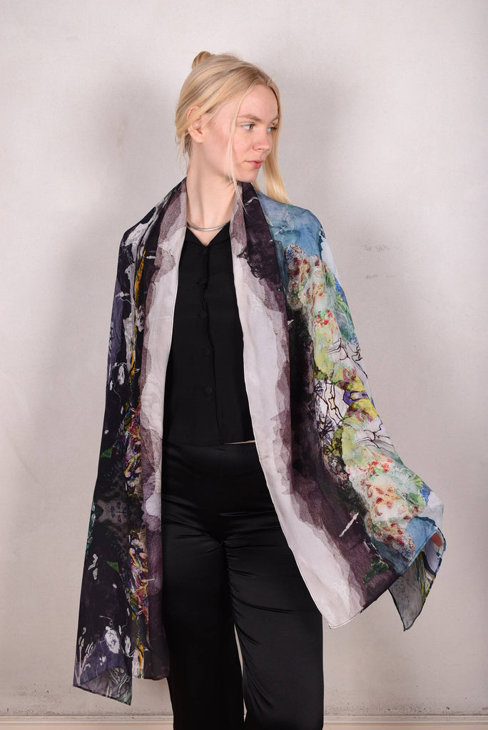 Artist Scarf. Silk Crepe-de-Chine 70X200 cm. "Lake-in-winter" - Tone Barker Silk