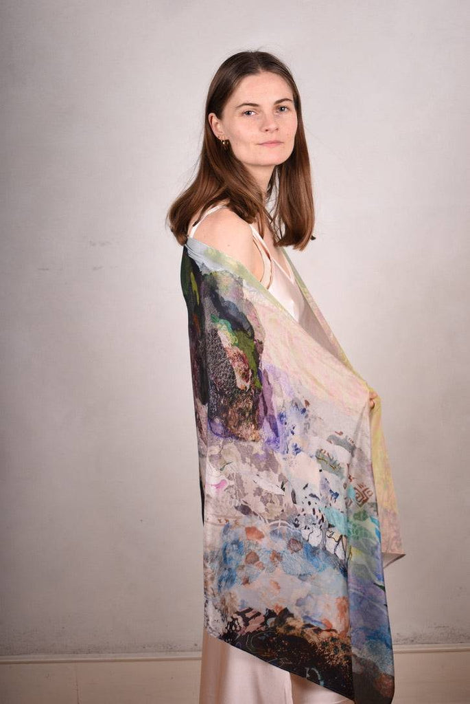 Artist Scarf. Silk Crepe-de-Chine 70X200 cm. "Mount-Sea-Bali" - Tone Barker Silk