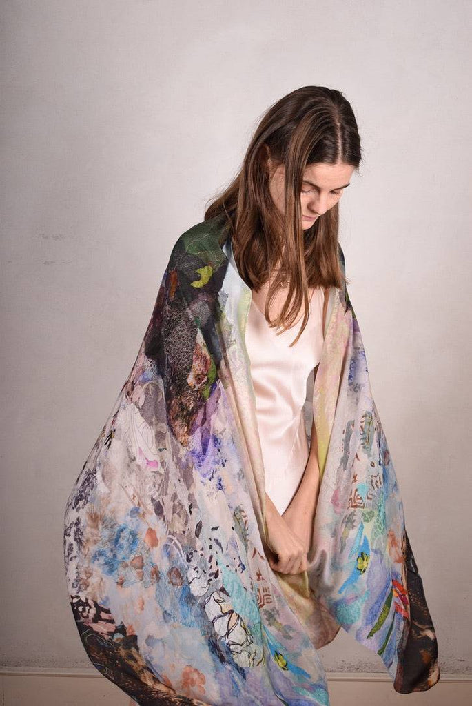 Artist Scarf. Silk Crepe-de-Chine 70X200 cm. "Mount-Sea-Bali" - Tone Barker Silk