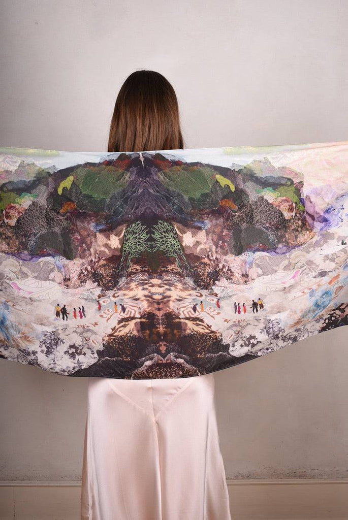 Artist Scarf. Silk Crepe-de-Chine 70X200 cm. "Mount-Sea-Bali" - Tone Barker Silk