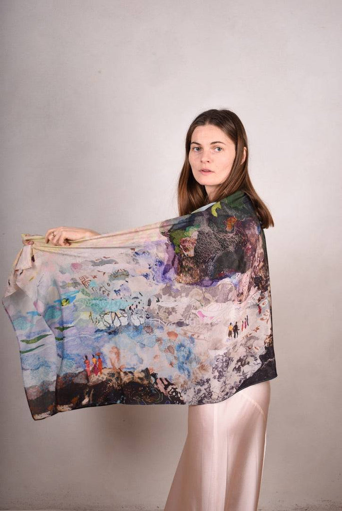 Artist Scarf. Silk Crepe-de-Chine 70X200 cm. "Mount-Sea-Bali" - Tone Barker Silk