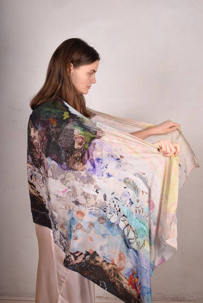 Artist Scarf. Silk Crepe-de-Chine 70X200 cm. "Mount-Sea-Bali" - Tone Barker Silk