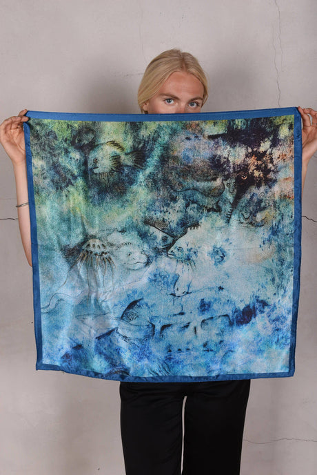 Artist Scarf. Silk Satin 70X70 cm. Boje Barker "Blue" - Tone Barker Silk