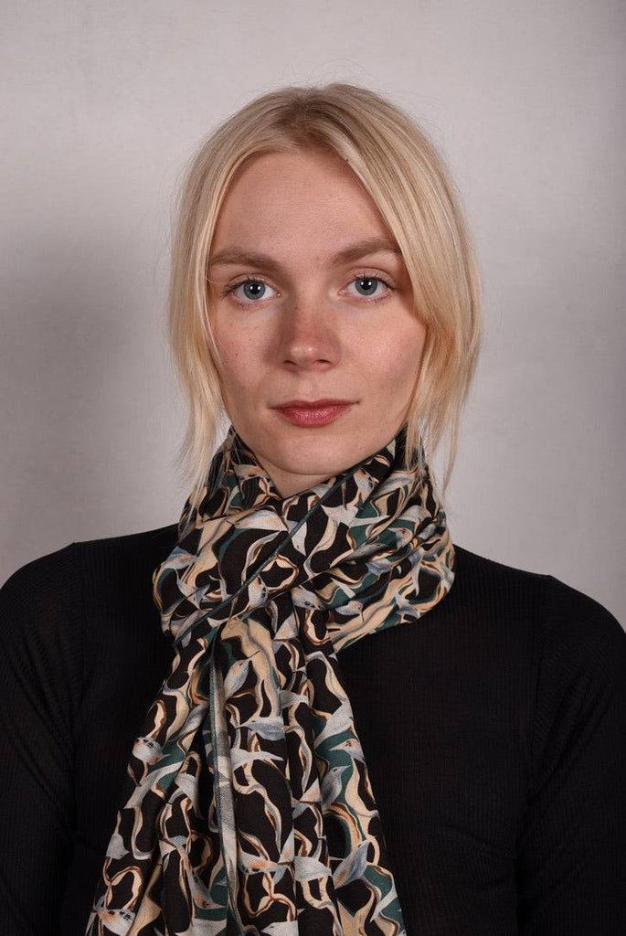 Noil Silk/viscose scarf/shawl. Print: Bird/Branch - Tone Barker Silk